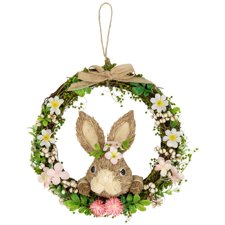 Spring Floral Easter Wreath with Peering Rabbit - 11" - Green and Pink