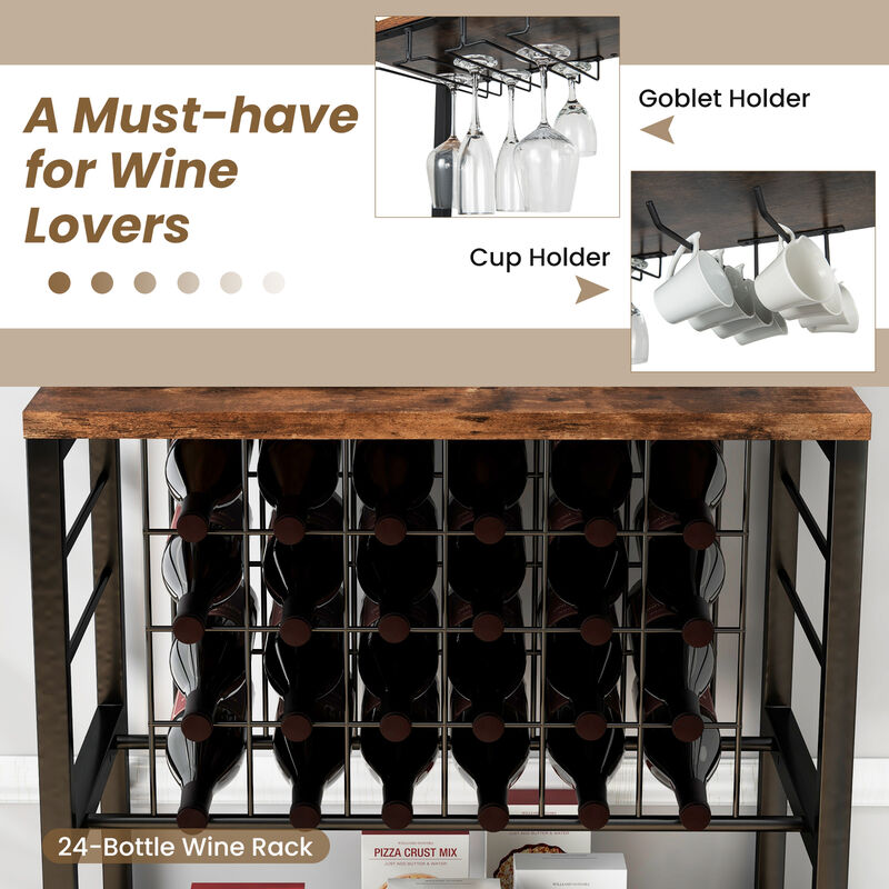Wine Bar Cabinet Wine Rack with 4 Tier Storage Shelves and Glass Holders-Brown