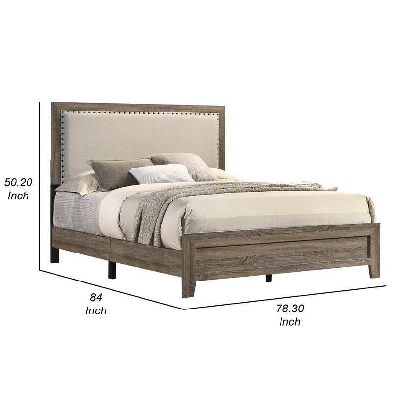Shannon King Panel Bed with Nailhead Trim, Ivory Fabric, Gray Wood