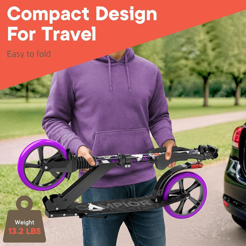 Kick Scooter for Ages 6+, for Kids, Teens, and Adults, Max Load 240 LBS, Foldable, 8-inch Big Wheels for Kids and Adults, with Kickstand, 3 Adjustable Levels, Child Safety Approved