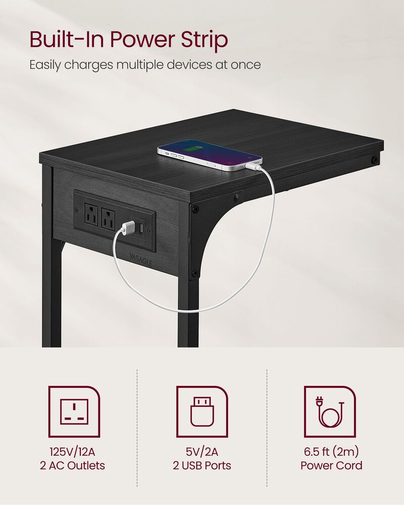 C-Shaped Side Table with Charging Station &ndash; Slim Sofa Table with USB Ports and Outlets for Living Room or Bedroom