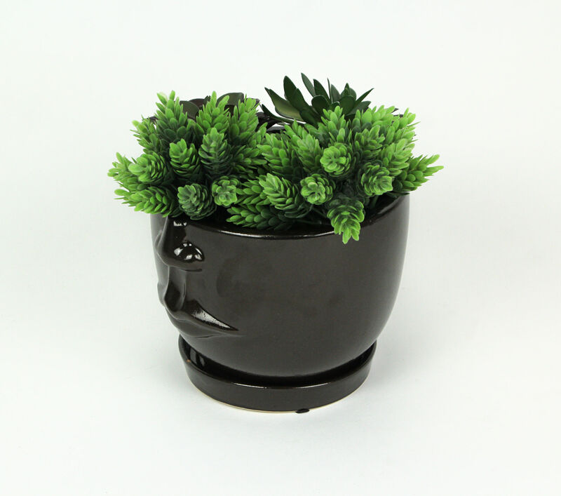 Brown Ceramic Face Planter Decorative Flower Pot Plant Holder Decor image number 1