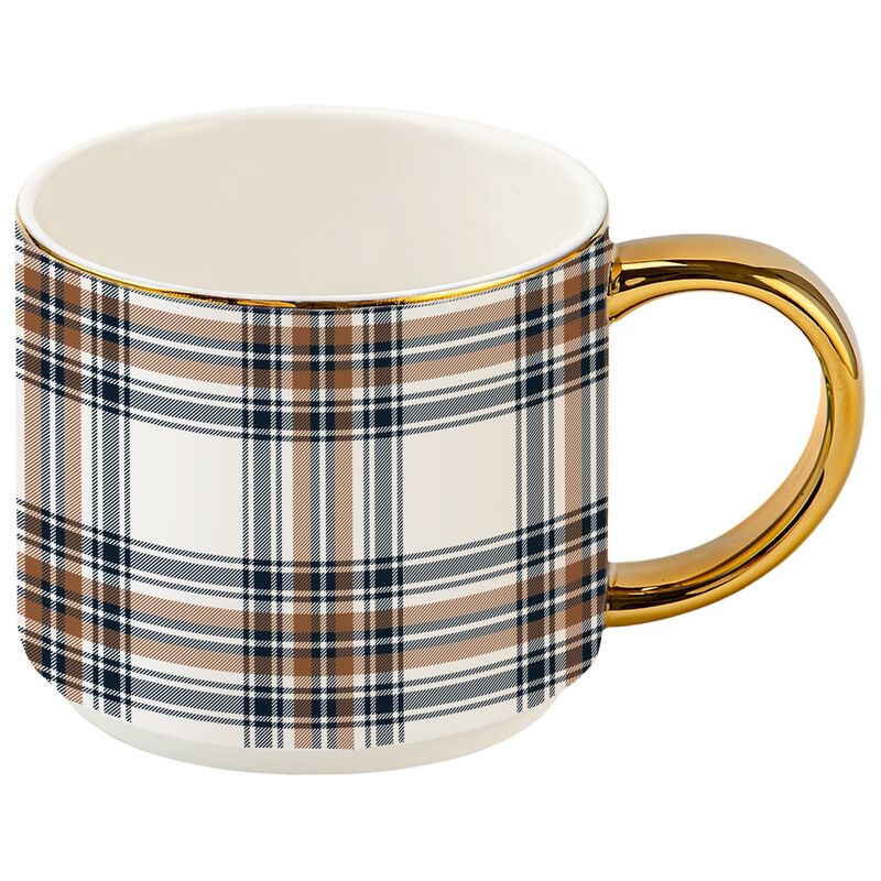 Orange Navy Plaid 14 oz Gold Handle Coffee Mug image number 0