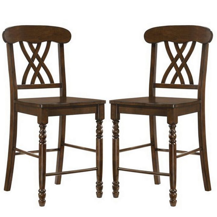 Counter Height Chair with Overlapping X Back, Set of 2, Brown-Benzara