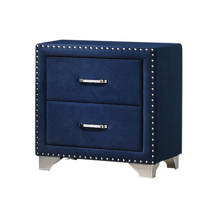 Cale 26 Inch Modern Wood Nightstand, Velvet Upholstered, Nailhead, Blue - Benzara