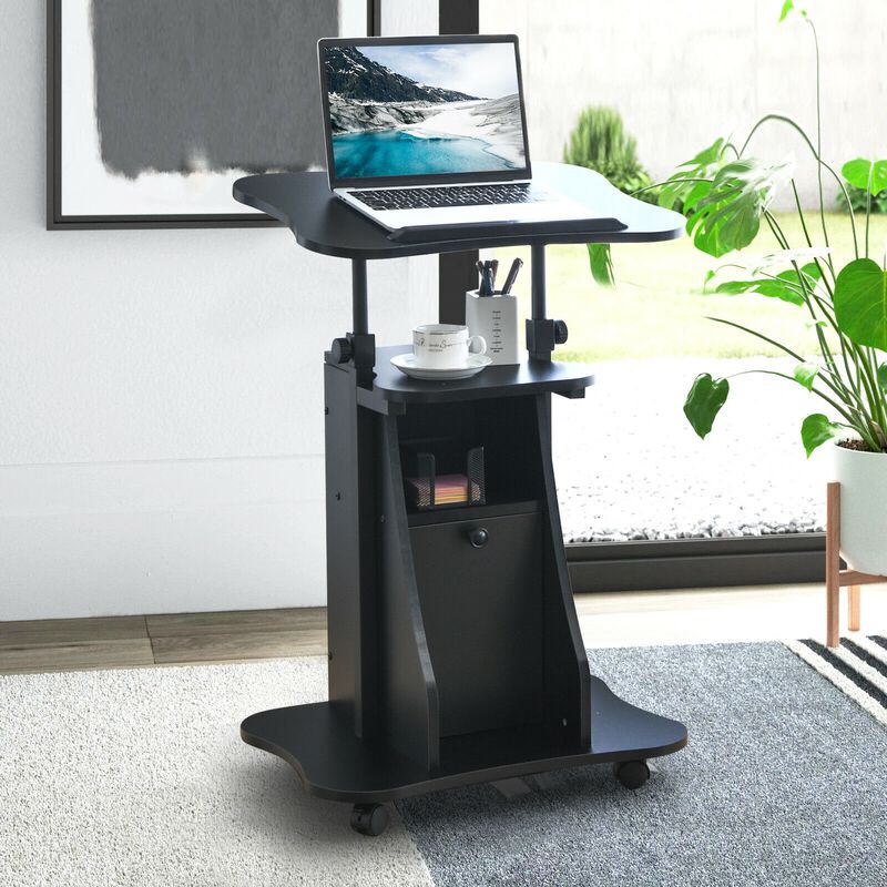 Adjustable Mobile Standing Desk Cart with Tilt Desktop and Cabinet