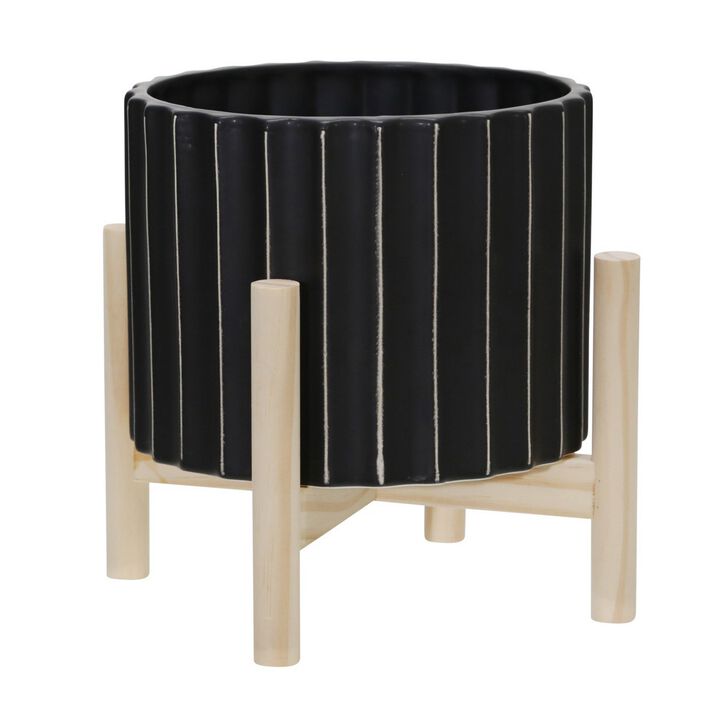 Planter with Fluted Pattern and Wooden Stand, Black-Benzara