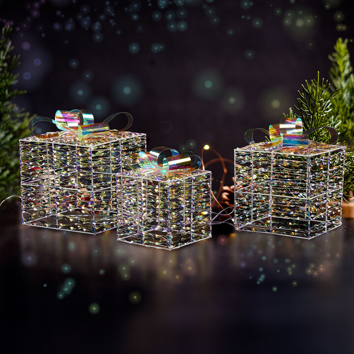 Lighted Iridescent Gift Boxes Set of 3 – Pre-Lit Decor with 140 Warm White LEDs for Indoor & Outdoor