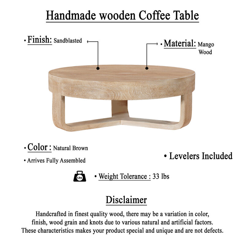 Milan Coffee Table, 32 Inch Round Top, Mango Wood with Sandblasted Natural Brown, Open Sled Base image number 5