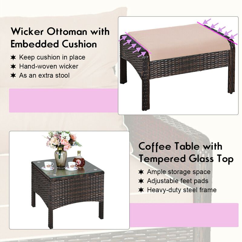 5 Pieces Patio Rattan Sofa Ottoman Furniture Set with Cushions