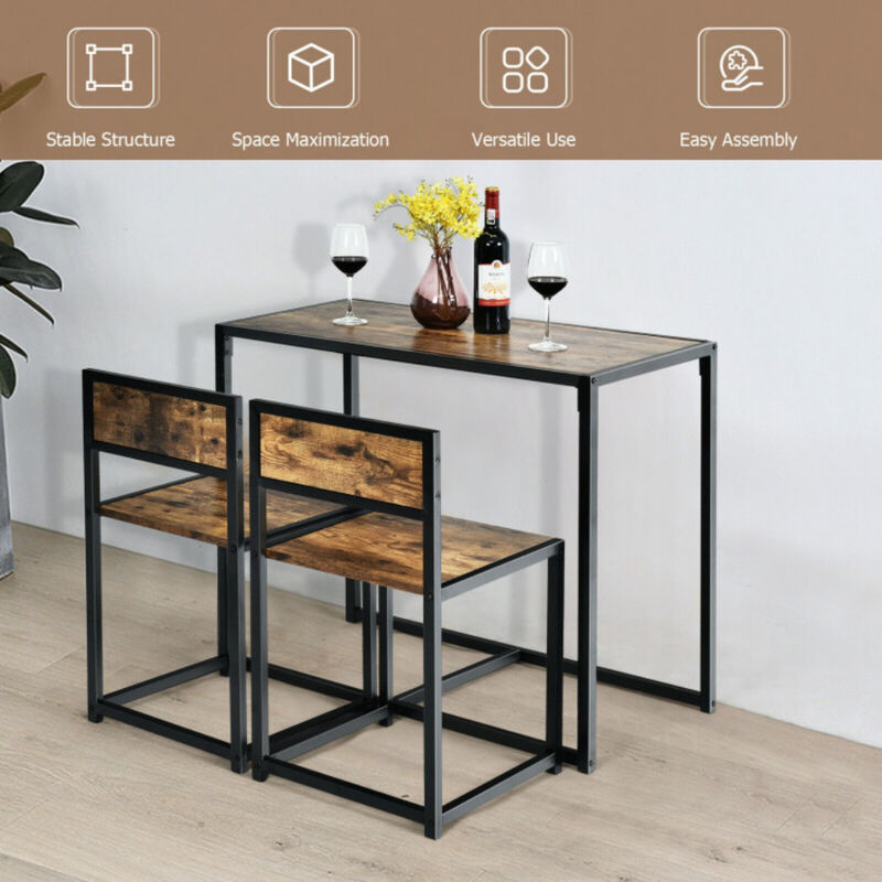 3 Pcs Dining Set Compact Table and 2 Chair with Metal Frame for for Small Space image number 3