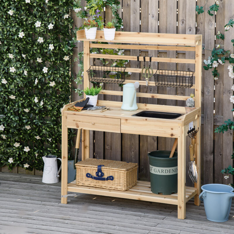 Outsunny Potting Bench Table, Garden Work Bench, Workstation with Metal Sieve Screen, Removable Sink, Additional Hooks and Baskets for Patio, Courtyards, Balcony, Natural
