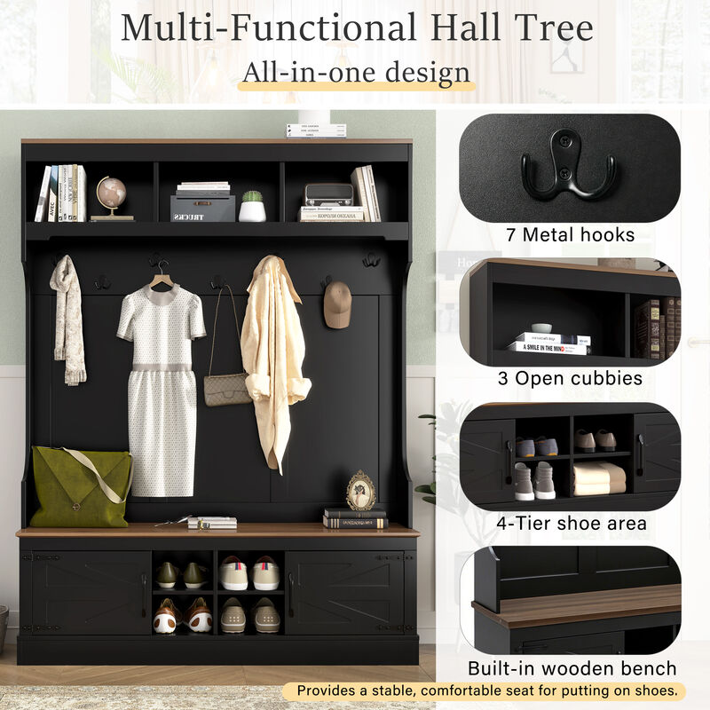 Merax All-in-One Entryway Storage Unit with Seating Bench, Coat Hooks & Shoe Rack image number 4