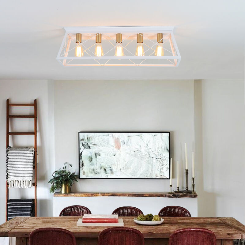 5-Light Flush Mount Lighting Rectangular Farmhouse Caged Low Ceiling Light image number 9