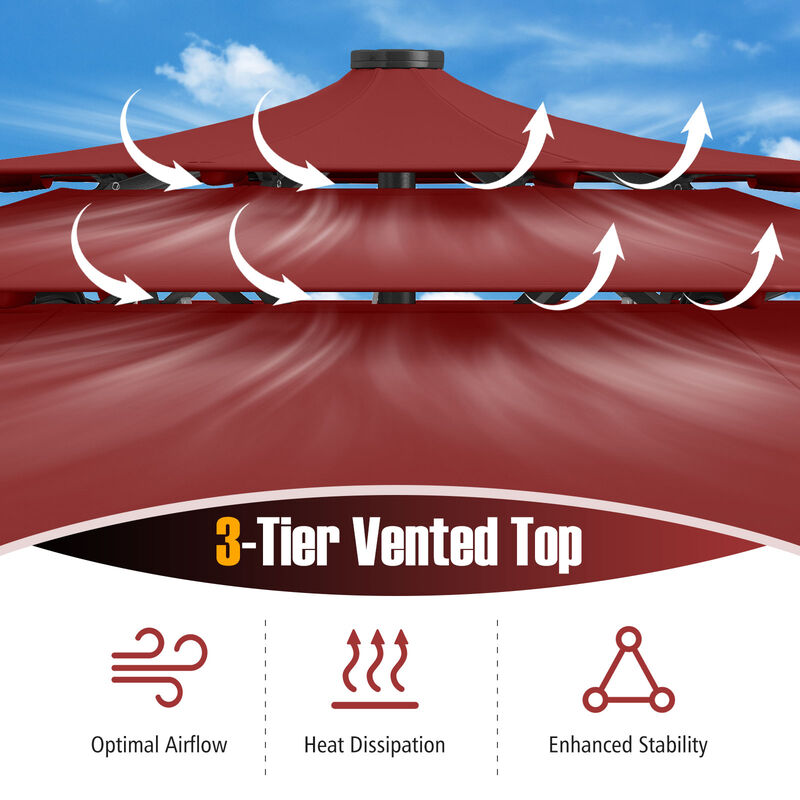 Solar Patio Umbrella with 32 LED Lights 3-Tier Vented Top