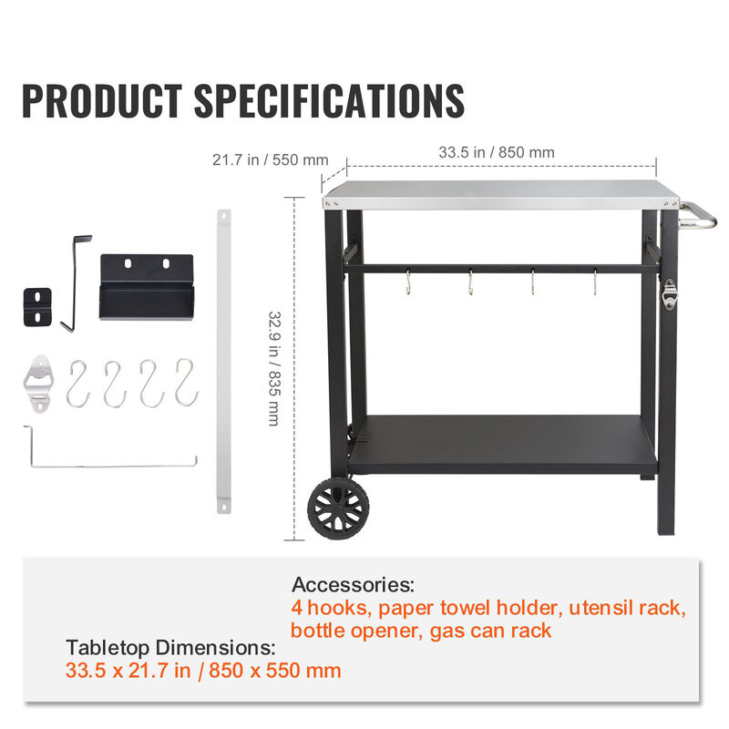 Modular Outdoor Grill Cart &ndash; Stainless Steel Worktable with Shelves, Handle, and Wheels for Pizza Oven & BBQ Setup