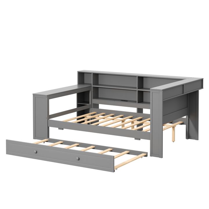 Merax Full Size Wood Platform Bed with LED Headboard, 8 Storage Shelves, Trundle