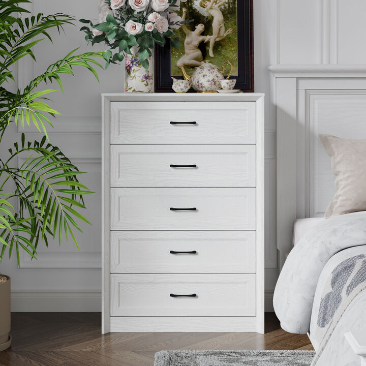 FUFU&GAGA 5-Drawer Storage Cabinet, White Wood Grain PB Board with Black Horizontal Handles, Modern Dresser for Bedroom & Living Room (31.5 in. W x 15.7 in. D x 46.5 in. H)