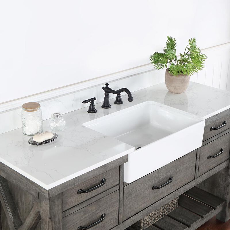 Vinnova Design Single Bath Vanity with Composite Stone Top, White Farmhouse Basin