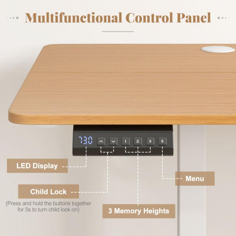 Hivvago Electric Standing Desk with 3 Memory Heights and 2 Hanging Hooks and Cable Holes