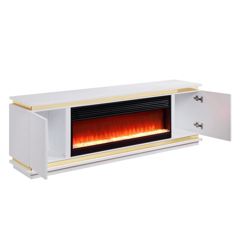 Stan 71 Inch TV Console with Fireplace, Speaker, LED, Cabinets, White Wood - Benzara