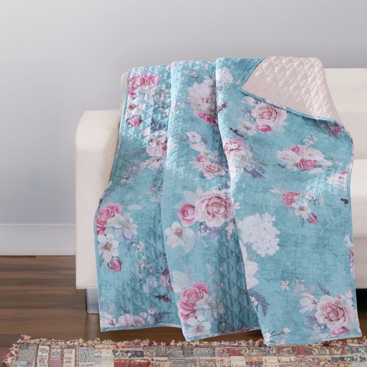 50 x 60 Inch Microfiber Throw Blanket, Floral Print, Blue, Pink, White - Benzara