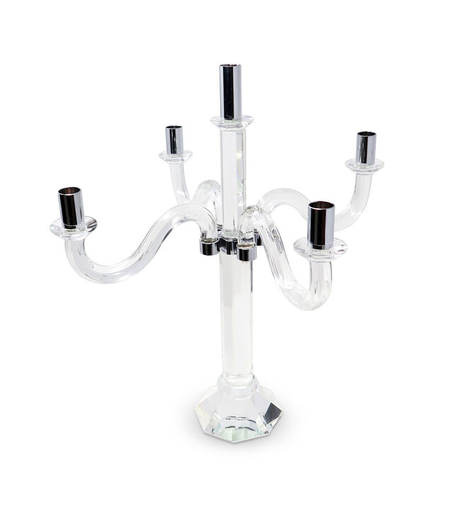 HomeRoots 20" Clear And Silver Crystal Tabletop Candelabra Candle Holder