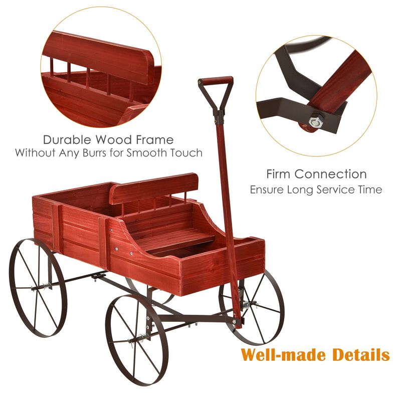 Wooden Wagon Plant Bed With Wheel for Garden Yard