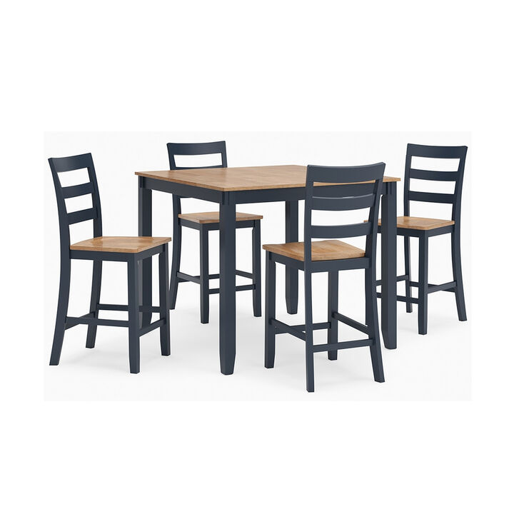Gasy Counter Height Dining Table Set, 4 Chairs, Blue and Brown Wood - Benzara