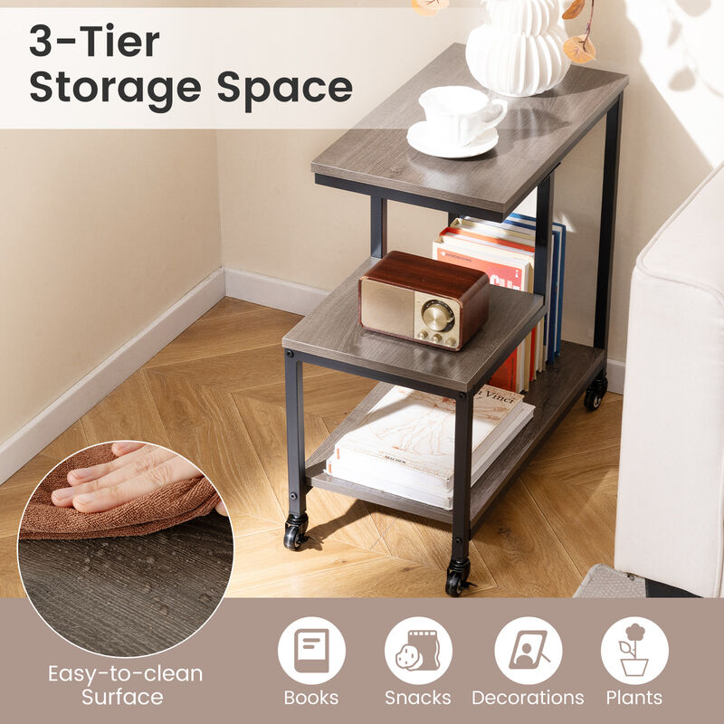 3-Tier Rolling Side Table with G-Shaped Frame and Open Display Shelves
