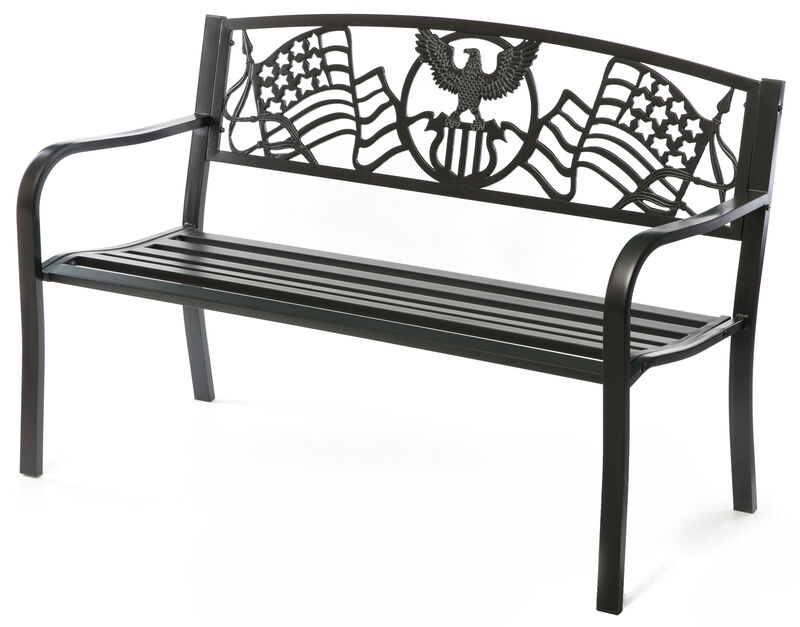 Steel Outdoor Patio Garden Park Seating Bench with Cast Iron Patriotic American Flag and Eagle Backrest, Front Porch Yard Bench Lawn Decor