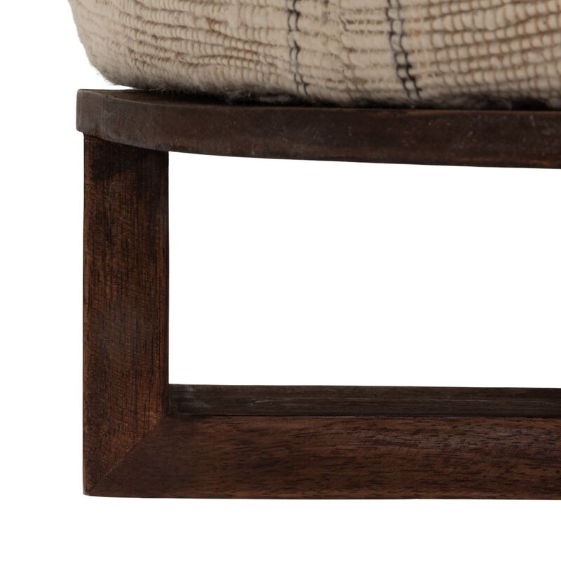 Cotton Woven Round Ottoman Stool in Striped Upholstery with Dark Wood Base image number 4