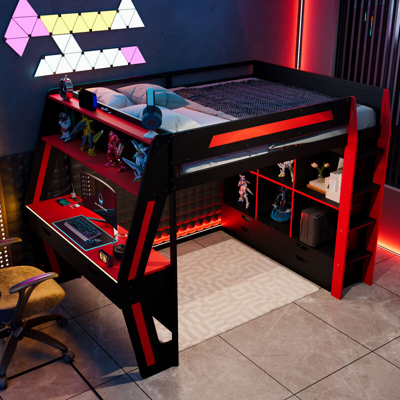Merax Full Size All-in-One Gaming Loft Bed with Staircase & RGB Lights image number 2