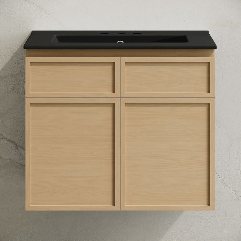 24" Wall-Mounted Bathroom Vanity, Natural Oak, Black 3-Hole Widespread Sink Top image number 4