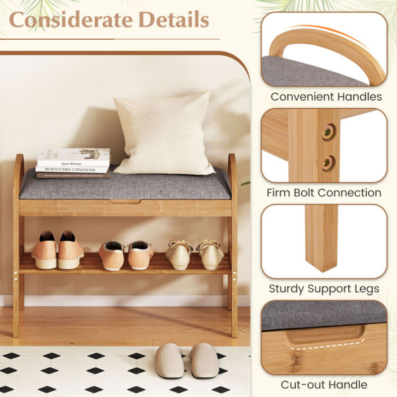 Entryway Wicker Shoe Bench with 2-Tier Storage and Soft Cushion-Natural image number 5