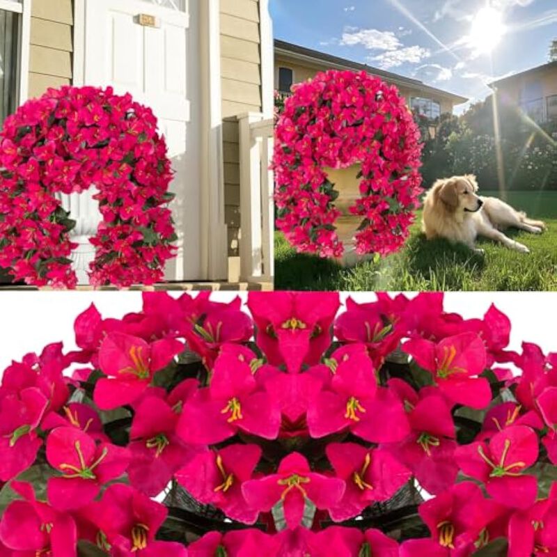 4 Piece Rose Red Artificial Hanging Bougainvillea Flowers UV Resistant Outdoor image number 3