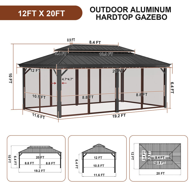 Mondawe 12 ft. x 20 ft. Outdoor Aluminum Frame Gazebo with Mosquito Netting Hardtop Canopy Shelter Iron Double Roof Pavilion