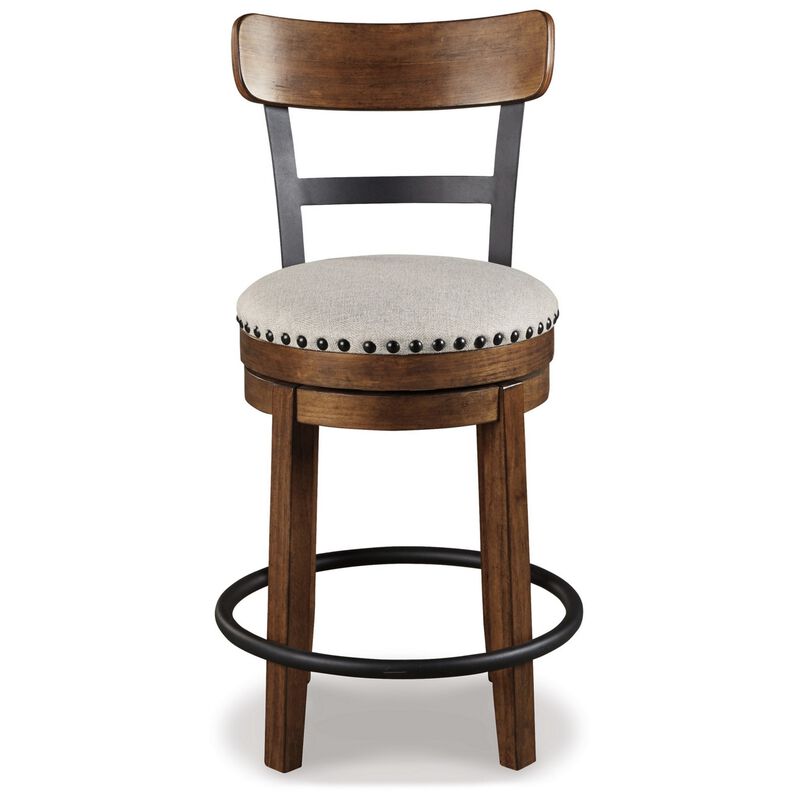 Zane 25 Inch Swivel Counter Height Stool, Round Cushioned Seat, Brown Wood - Benzara