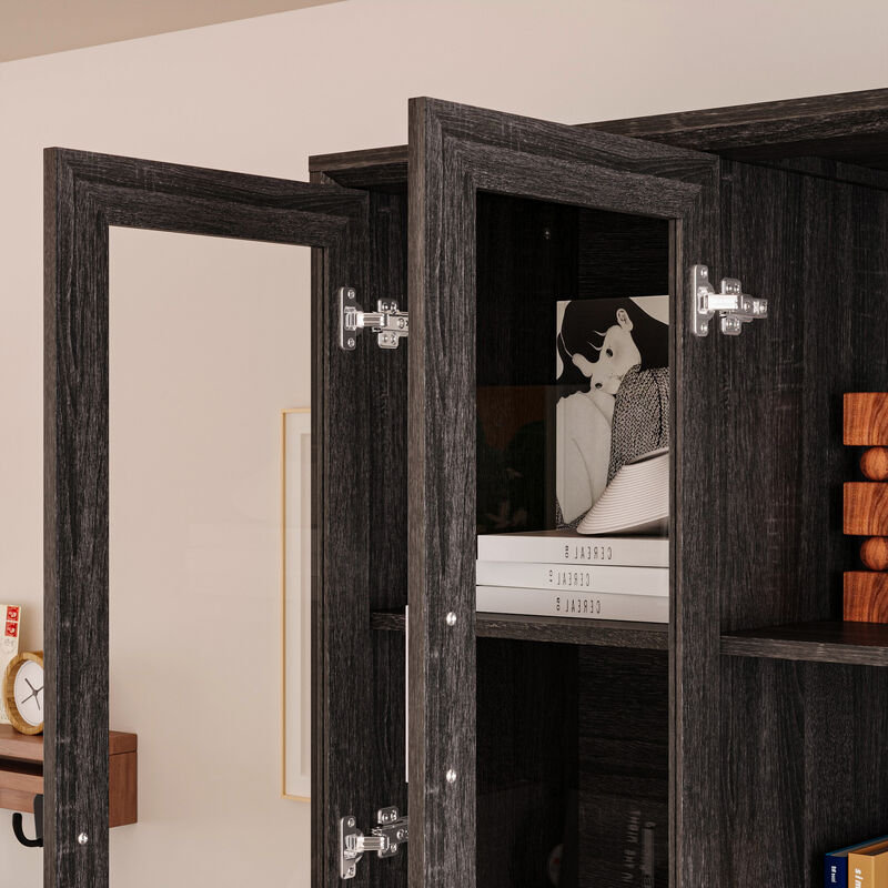 FUFU&GAGA Retro 8-Door Cabinet with a Drawer, Beveled Frame & Angled Panel Design, Glass & Wood Grain Finish, Brushed Metal Handles (60.6 in. W x 15.7 in. D x 79.9 in. H), Dark Brown