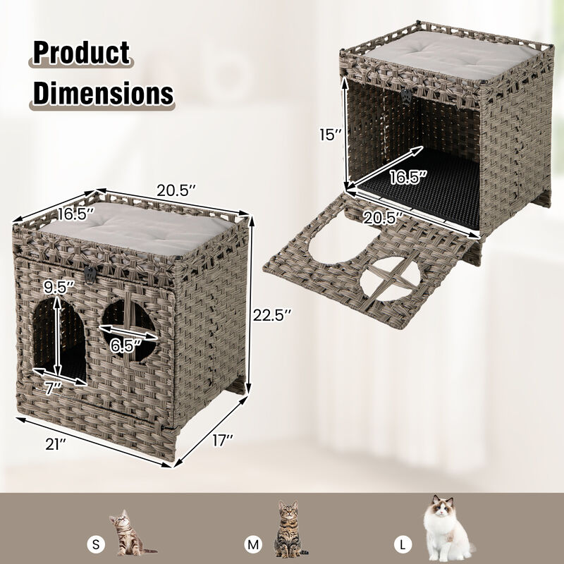 Rattan Cat Litter Box Enclosure, Foldable 2-Tier Design with Litter Mat-Grey image number 2