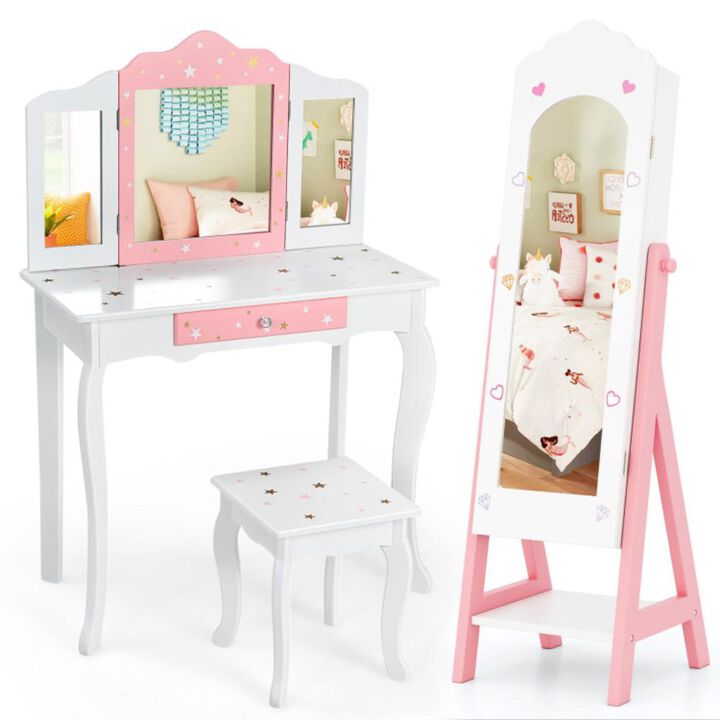 Hivvago 2 Pieces Kids Vanity Set and Jewelry Armoire Cabinet with Full-length Mirror