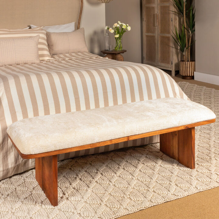 Rectangular Acacia Wood and Crushed Velvet Bench