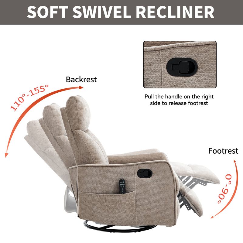 Chenille Manual Recliner Chair with Heat and Massage, Living Room Rocker and Swivel Chair image number 6