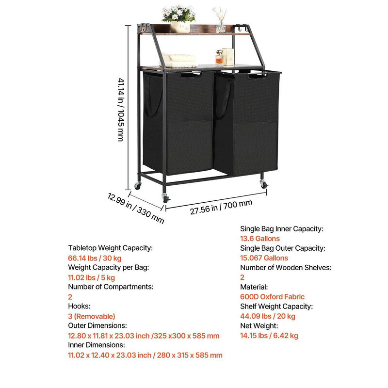 2 Section Rolling Laundry Sorter with Shelves, Oxford Cloth Bags and Wooden Top-Black image number 2