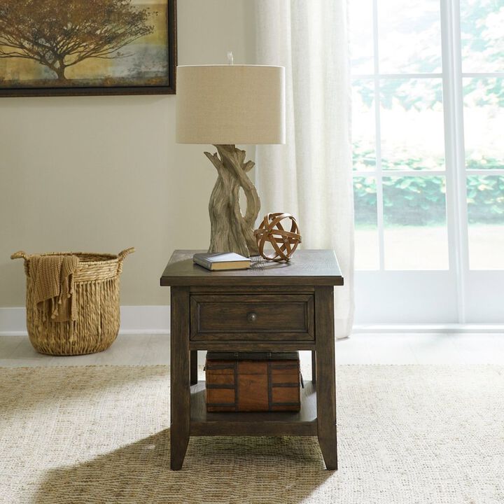 Liberty Furniture Rectangular End Table Traditional - Storage Drawer - Saddle Brown Oak Wood