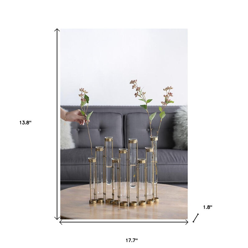 HomeRoots 17" Bronze And Clear Enameled Cast Iron And Glass Nine Bloom Table Vase image number 6