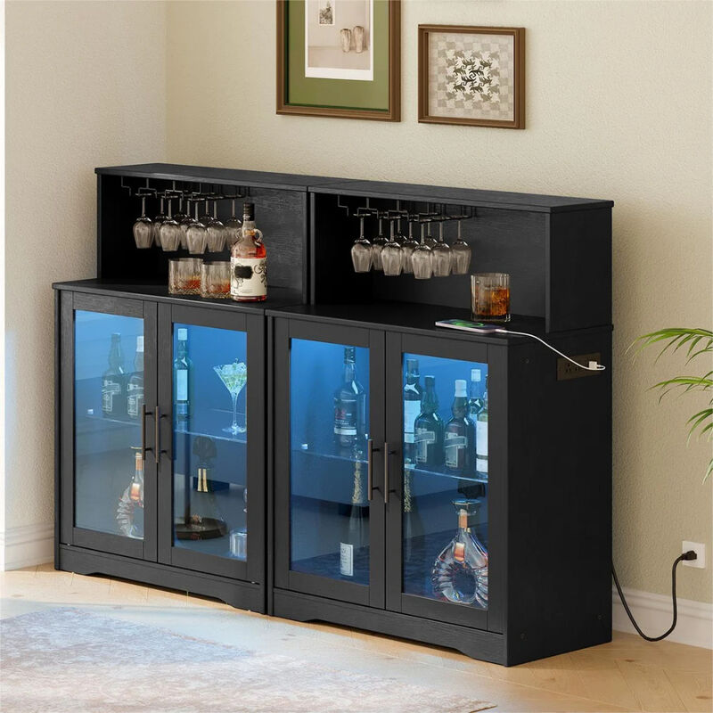LED Wine Bar Cabinet with Glass Holder and Built-In Power Outlet image number 4