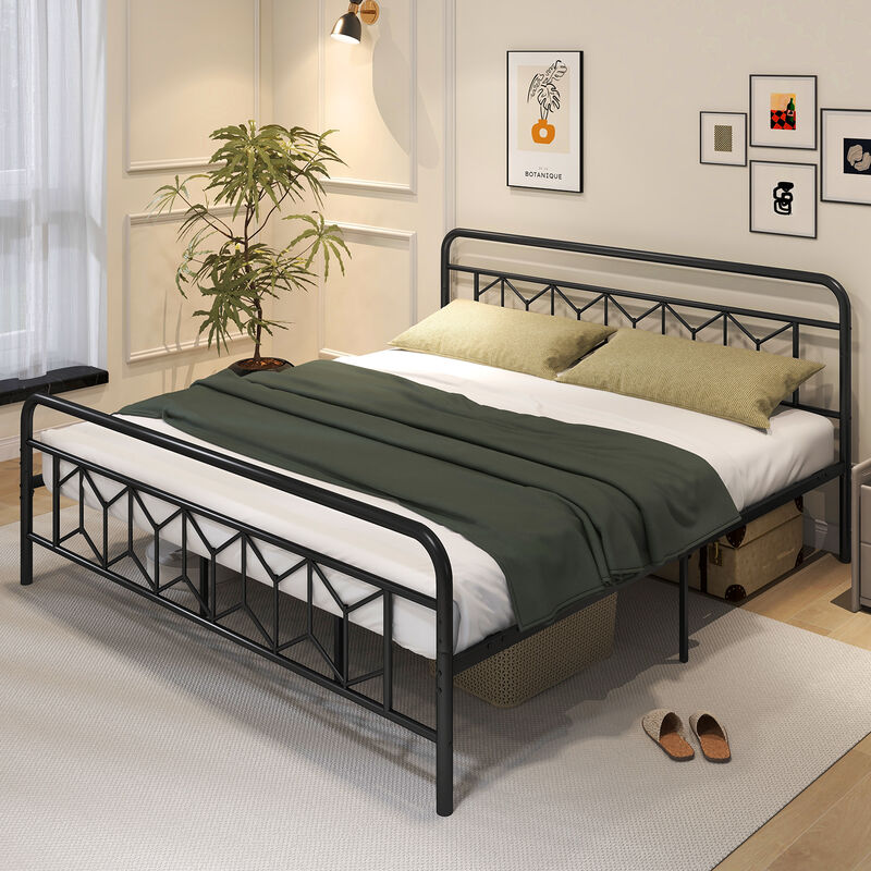Platform Bed with High Headboard and Snap Lock Metal Slats Support