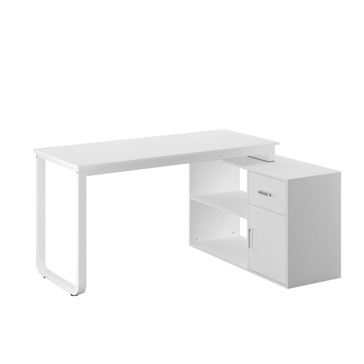 55.1" W : "L" Shape Wooden Computer Desk White Finish with 1-Drawer, Open Shelves and Eco-Friendly Finish