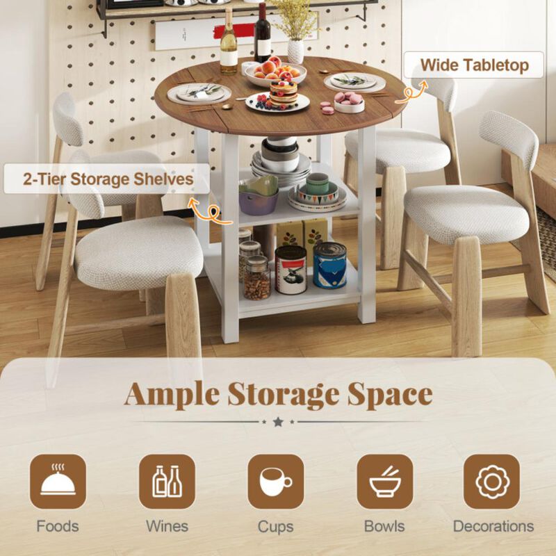 Hivvago Folding Round Dining Table Drop Leaf Table with 2 Shelves for Small Spaces